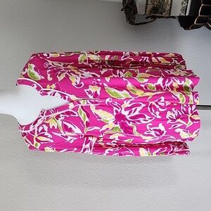 Pappagallo Tropical Pink Multiple Color Long Sleeve V-Neck Top